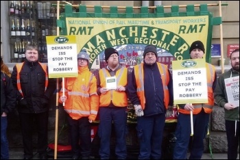 Arriva Rail North cleaners organised by the RMT protesting outside Manchester Victoria station, 10.4.19, photo by Manchester Socialist Party