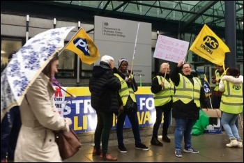 Cleaners organised by PCS on strike at BEIS, 8.4.19, photo by London Socialist Party