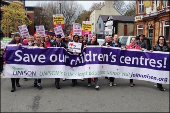 Derbyshire children's centre workers marching in 2016 against plans by the then Labour council to close dozens of them - tens of thousands signed petitions but the campaign did no succeed - Labour was booted out a year later, photo by Chesterfield Sociali