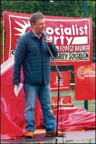 PCS assistant general secretary Chris Baugh speaking at the Waltham Forest TUC May Day festival, 28.5.19, photo by Mike Cleverley