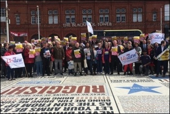 Usdaw conference delegates protesting against Tommy Robinson, 6.5.19, photo by Usdaw Activist