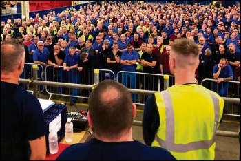 Ford Bridgend workers voting to fight plant closure at mass meetings, 12.6.19, photo by Unite Wales