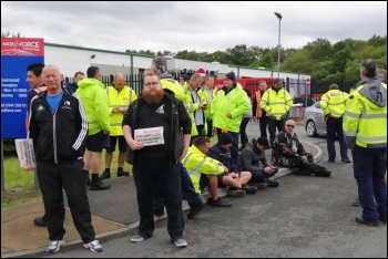 Swansea Parcelforce workers picketing their depot against rep victimisation, 12.6.19, photo by Swansea Socialist Party