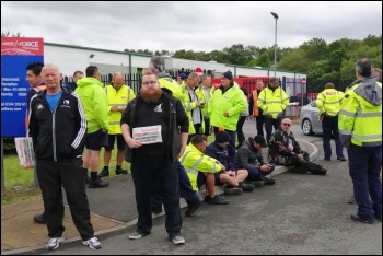 Swansea Parcelforce workers picketing their depot against rep victimisation, 12.6.19, photo by Swansea Socialist Party Swansea Parcelforce workers picketing their depot against rep victimisation, 12.6.19, photo by Swansea Socialist Party