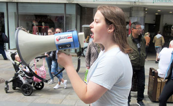 A speaker at the youth climate change protest in Newcastle, 21.6.19, photo by Elaine Brunskill