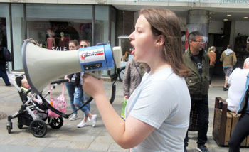 A speaker at the youth climate change protest in Newcastle, 21.6.19, photo Elaine Brunskill A speaker at the youth climate change protest in Newcastle, 21.6.19, photo Elaine Brunskill