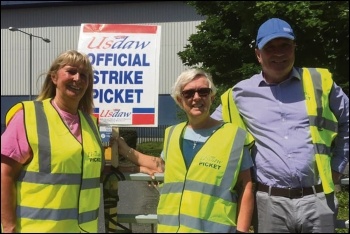 Usdaw president and Socialist Party member Amy Murphy joins Sainsbury's strikers at Waltham Point, 27.6.19, photo by Usdaw Activist