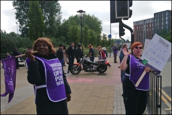 Birmingham University support workers on strike, 28.6.19, photo by Nick Hart