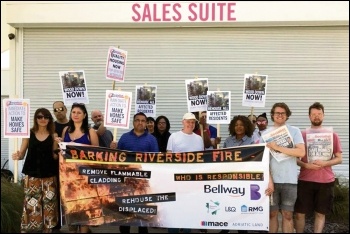 Barking Riverside residents protest outside the estate sales office, 29.6.19, photo Ian Pattison Barking Riverside residents protest outside the estate sales office, 29.6.19, photo Ian Pattison