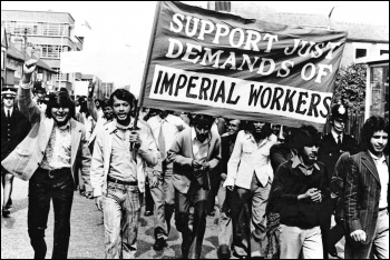 Striking Asian workers at Imperial Typewriters march through Leicester, photo The People's Flag/Channel 4