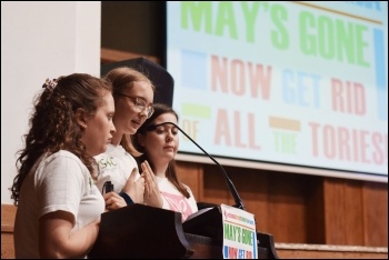 Youth climate strikers addressing the NSSN conference, 6.7.19, photo by Mary Finch