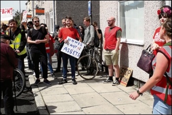 Protesters gather outside Irene's house in Liverpool to prevent eviction, 4.7.19, photo by Roger Bannister
