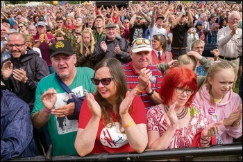 Part of the crowd listening to speeches at the Durham Miners' Gala, 13.7.19, photo by Paul Mattsson