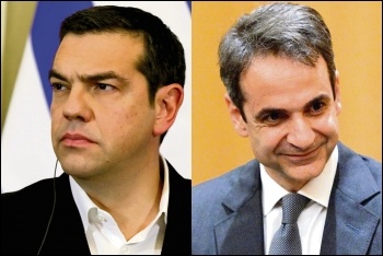 Ousted Syriza leader Tsipras (left) capitulated to capitalist austerity; new Greek premier Mitsotakis (right) is a neoliberal ex-banker, photos by kremlin.ru/CC