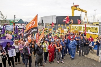 Workers occupying Harland and Wolff shipyard, Belfast, July 2019, photo CWI