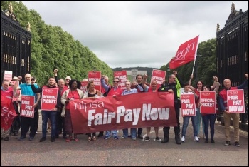 Nipsa members on strike outside Stormont, Northern Ireland, 26.7.19, photo by Carmel Gates