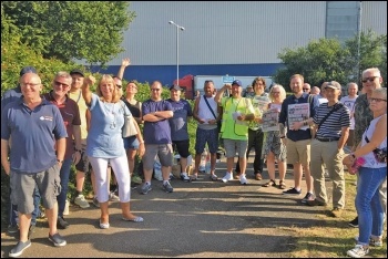 Socialist Party members, including Usdaw president Amy Murphy (fourth from left), supporting striking Waltham Point Sainsbury's workers, 25.7.19, photo Sarah Sachs-Eldridge
