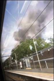 Billowing smoke from the Mall fire visible from the nearby railway station, photo by Ian Pattison