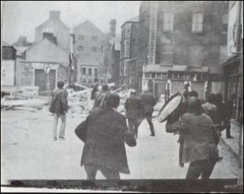 Bogside residents defending their barricades against police and loyalist assault Bogside residents defending their barricades against police and loyalist assault