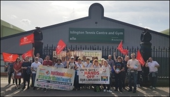 Bromley library workers protesting outside GLL tennis centre in Islington, supported by the NSSN and members of the Socialist Party, 21st August 2019, photo Isai Priya