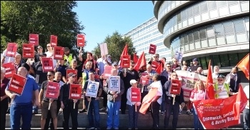 Unite London bus drivers demonstrate outside City Hall on Thursday 29th August.  Drivers want shorter hours without loss of pay and better working conditions., photo Isai Priya