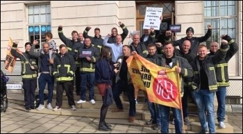 South Yorkshire firefighters celebrate winning a halt to cuts after a hard-fought campaign. September 2019 South Yorkshire firefighters celebrate winning a halt to cuts after a hard-fought campaign. September 2019