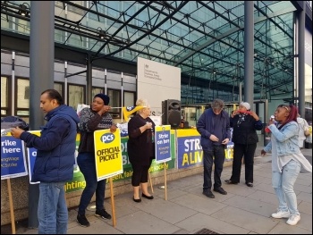 PCS union members continuing their strike action for pay justice and to be brought back in-house at the 'Business, Energy and Industrial Strategy government department, photo London Socialist Party