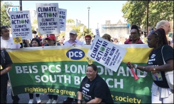 PCS union members on the 'climate strike' demo, London, 20.9.19, photo JB