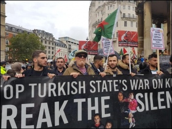 Around the country, Socialist Party members joined solidarity demonstrations opposing the Turkish state's invasion of northern Syria and in support of Kurdish self-determination, photo London Socialist Party