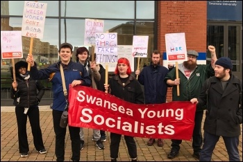 Socialist Students protesting against Hillary Clinton's visit to Swansea University, 15.11.19, photo by Swansea Socialist Students