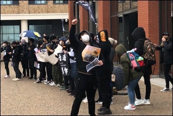 Hong Kong pro-democracy protesters at Swansea University, 15.11.19, photo by Swansea Socialist Students