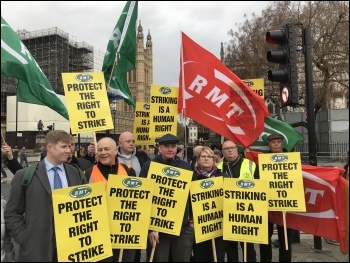 RMT union members demonstrating against Johnson's threat to the right to strike, London 19.12.19