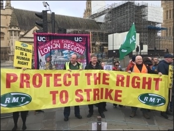 RMT and NSSN protest outside parliament against the Tory government's threat to the right to strike. 19.12.19, photo JB