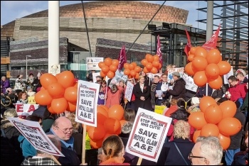 Demonstrating against the Royal Glam A&E closure outside the Welsh Assembly, 12.2.20, photo by Socialist Party Wales