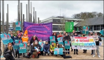 Keele university UCU picket line: Striking UCU members supported by students, Stoke Socialist Party members and NSSN supporters. 21.2.20, photo Andy Bentley