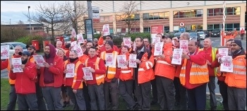 Royal Mail workers in the Communication Workers' Union (CWU) supporting a 'yes' vote in a reballot for strike action, at a gate meeting at Leicester Meridian, 25.2.20, photo by Steve Score