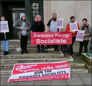 Lobbying Swansea council against Labour's cuts, March 2020