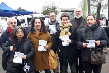 Décidons Petit-Quevilly candidates in Rouen, including elected councillor Leïla Messaoudi (third from left), photo by Gauche Révolutionnaire (CWI France) Décidons Petit-Quevilly candidates in Rouen, including elected councillor Leïla Messaoudi (third from left), photo by Gauche Révolutionnaire (CWI France)