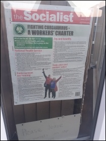 The Socialist Party's coronavirus Workers' Charter in a window in Leeds, photo Iain Dalton
