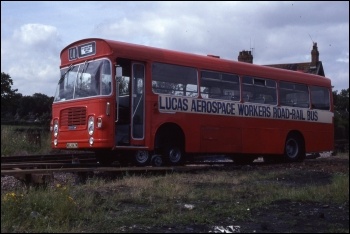 The prototype of the Lucas Aerospace workers� bus that could switch between rail and road, photo Gillett�s Crossing/CC