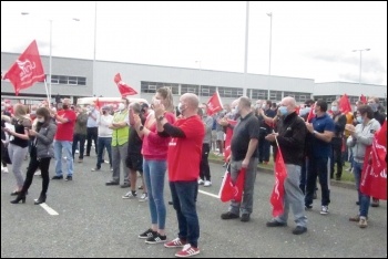 Nissan workers protesting against attacks on pensions, Sunderland, July 2020, photo by Elaine Brunskill