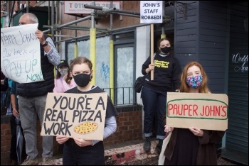 Protest against wage theft by pizza chain Papa John's 25 July, photo Sheffield Needs a Pay Rise
