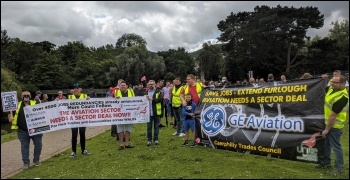 Workers marching to save job at GE Aviation in Nantgarw 1 August, photo SP Wales