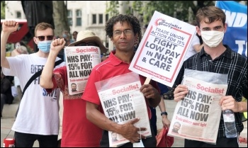 Socialist Party & Unison NEC member   Hugo Pierre (centre), alongside others, taking part in the 8 August health workers' protests for a 15% pay increase. Photo Sarah SE