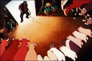 The revolutionary animals face down the farmer in the 1954 Halas and Batchelor adaptation of Animal Farm