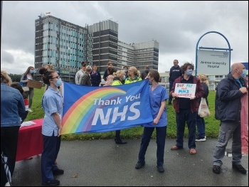 NHS workers protest outside Aintree hospital for a pay rise on 26 August, photo Liverpool SP