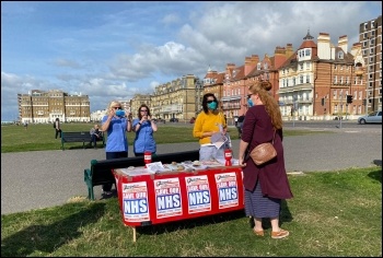 Socialist Party stall ready on the seafront for the demo, 12 Sept 2020, Brighton