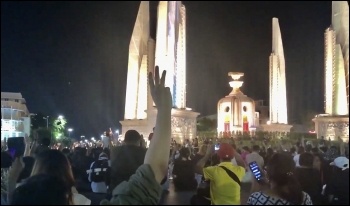 hailand’s pro-democracy movement has adopted the Hunger Games’ three-finger rebellion symbol, photo PracHaTai/cc