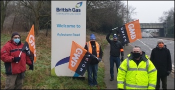 Leicester picket line of British Gas engineers, striking for five days to maintain their present working conditions and pay, 8 January 2021, photo Leicester SP