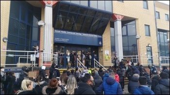 The protest march reaches Newport police station, photo Tom Fowler